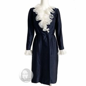 Jill Richards Dress Navy Dupioni Silk White Ruffle Collar Sleeves Size 6 Vintage